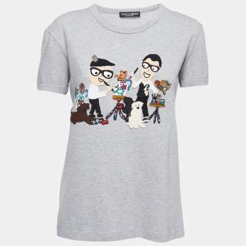 Pre Owned Dolce & Gabbana Grey Cotton DG Family Appliqued T-Shirt S