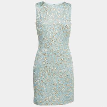 Pre Owned Dolce & Gabbana Blue & Gold Jacquard Silk Sleeveless Dress M