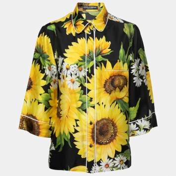 Pre Owned Dolce & Gabbana Black Sunflower Printed Silk Pajama Shirt M