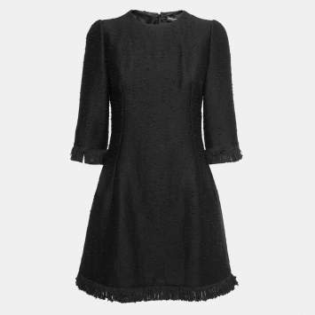 Pre Owned Dolce & Gabbana Black Tweed Fringed Mid-Length Dress M