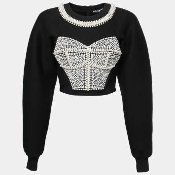 Pre Owned Dolce & Gabbana Black Neoprene Pearl Beaded Corset Cropped Sweatshirt S