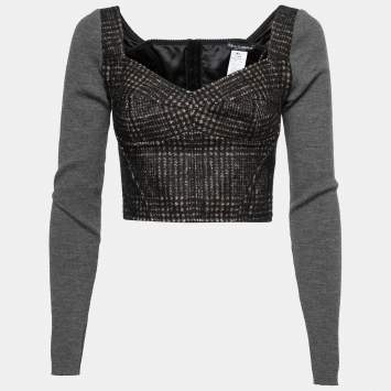 Pre Owned Dolce & Gabbana Brown/Grey Patterned Wool Bustier Long Sleeve Crop Top M