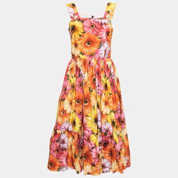 Pre Owned Dolce & Gabbana Multicolor Floral Print Cotton Flared Midi Dress M