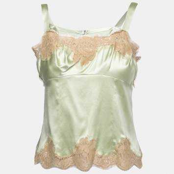 Pre Owned Dolce & Gabbana Green Silk Lace Trimmed Camisole Top M