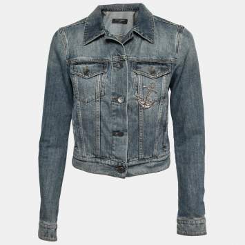 Pre Owned Dolce & Gabbana Blue Denim Anchor Embroidered Jacket S