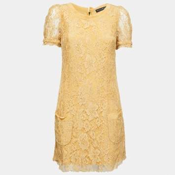 Pre Owned Dolce & Gabbana Yellow Floral Lace Pocket Detail Short Dress M