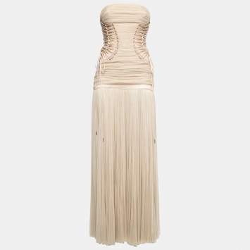 Pre Owned Dolce & Gabbana Beige Silk Mesh Ruched Strapless Gown S