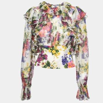 Pre Owned Dolce & Gabbana Multicolor Floral Printed Silk Chiffon Ruffled Top S