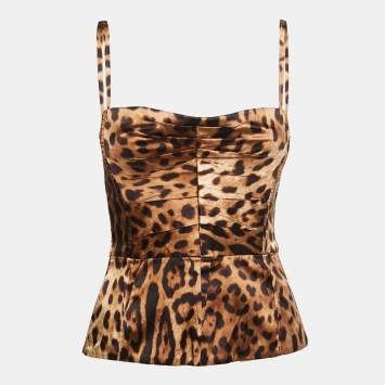 Pre Owned Dolce & Gabbana Brown Leopard Print Satin Silk Corset Top S