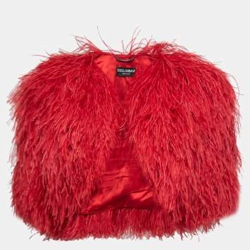 Pre Owned Dolce & Gabbana Red Ostrich Feather Cropped Bolero Jacket XS