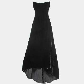 Pre Owned Dolce & Gabbana Black Velvet Corset Detail Strapless Asymmetrical Long Dress S