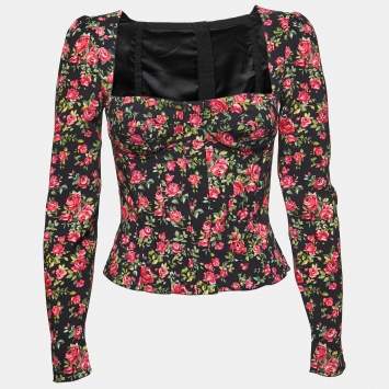 Pre Owned Dolce & Gabbana Black Floral Printed Crepe Corset Top S