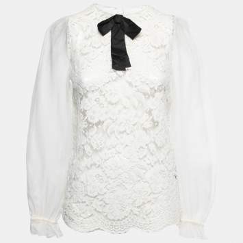 Pre Owned Dolce & Gabbana White Lace and Organza Long Sleeve Top M