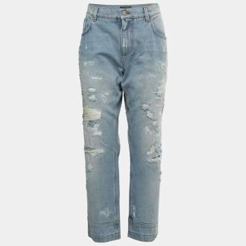 Pre Owned Dolce & Gabbana Blue Ripped Denim Boyfriend Jeans L Waist 34"