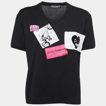 Pre Owned Dolce & Gabbana Black Cotton Patch Detail Crew Neck T-Shirt M