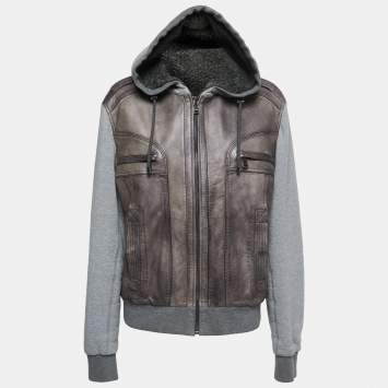Pre Owned Dolce & Gabbana Grey Leather and Knit Zip Front Hooded Jacket  XL