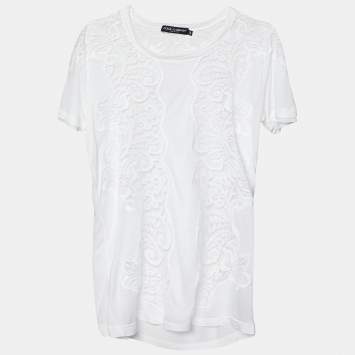 Pre Owned Dolce & Gabbana White Modal Knit Lace Trim T-Shirt M