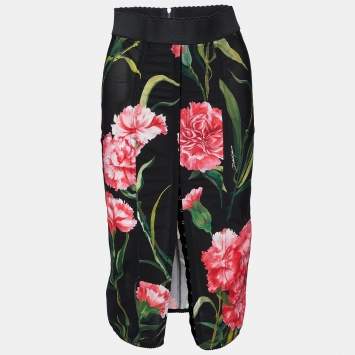 Pre Owned Dolce & Gabbana Black Floral Printed Mesh High Waist Midi Skirt S