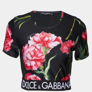Pre Owned Dolce & Gabbana Black Floral Printed Jersey Logo band Detail Crop Top M