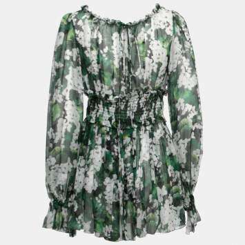 Pre Owned Dolce & Gabbana Green Floral Printed Chiffon Tie Detail Blouse M