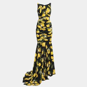 مملوكة مسبقًا Dolce & Gabbana Black Lemon Printed Silk Ruched Maxi Dress XS