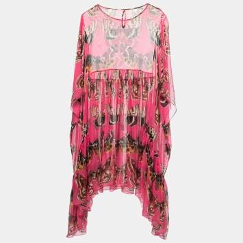 Pre Owned Dolce & Gabbana Pink Butterfly Printed Silk Chiffon Asymmetrical Kaftan Dress M
