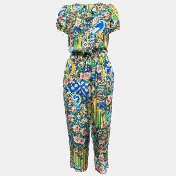 Pre Owned Dolce & Gabbana Blue/Multicolor Printed Silk Jumpsuit S