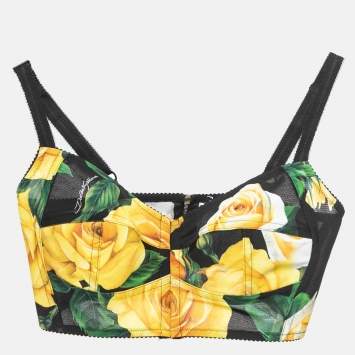 Pre Owned Dolce & Gabbana Black Floral Print Nylon Cropped Bralette Top M