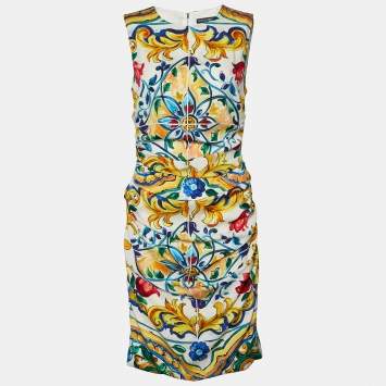 Pre Owned Dolce & Gabbana Multicolor Majolica Printed Silk Ruched Sleeveless Midi Dress M