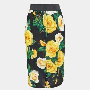 Pre Owned Dolce & Gabbana Black Floral Printed Mesh Midi Skirt L