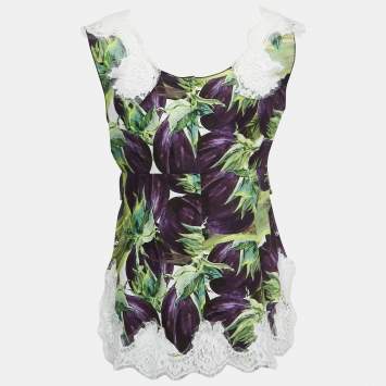 Pre Owned Dolce & Gabbana Purple/White Printed Cotton Lace Trimmed Sleeveless Top S