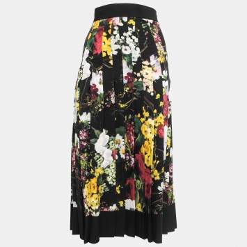 Pre Owned Dolce & Gabbana Black Floral Print Silk Blend High Waist Pleated Midi Skirt XS   