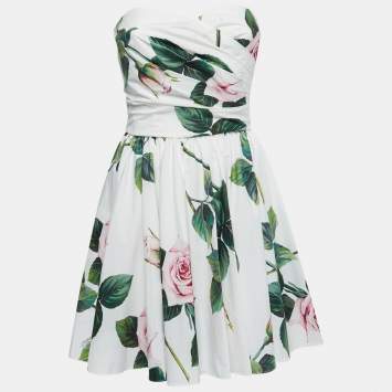 مملوكة مسبقًا Dolce & Gabbana White Floral Printed Cotton Poplin Strapless Mini Dress S