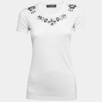 Pre Owned Dolce & Gabbana White Crystal Embellished Cotton Half Sleeve Crew Neck T-Shirt XS