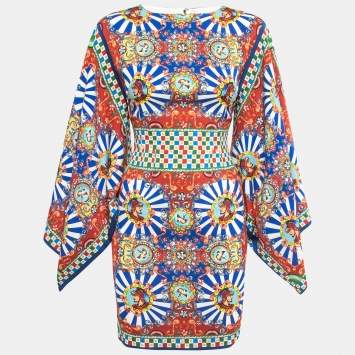 Pre Owned Dolce & Gabbana Multicolor Printed Silk Wide Kimono Sleeve Short Dress XS