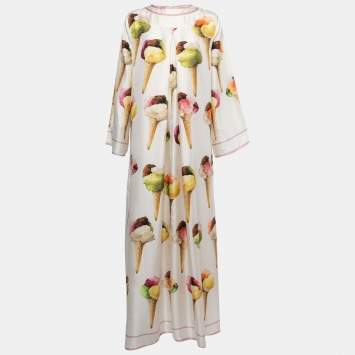 Pre Owned Dolce & Gabbana White Ice Cream Print Silk Kaftan Maxi Dress S