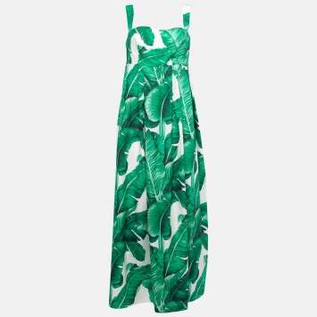 Pre Owned Dolce & Gabbana Green Banana Leaf Print Cotton Maxi Dress L