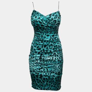 Pre Owned Dolce & Gabbana Green Animal Print Silk Satin Ruched Corset Detail Strappy Mini Dress S