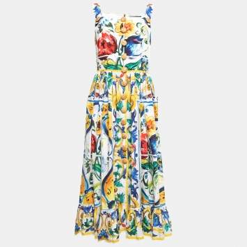Pre Owned Dolce & Gabbana Multicolor Majolica Printed Cotton Flared Midi Dress L