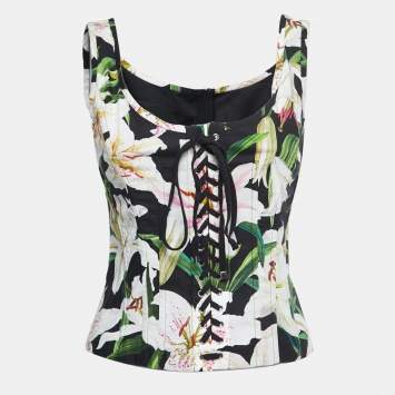 Pre Owned Dolce & Gabbana Black Floral Printed Cotton Lace Up Corset Top M