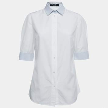 Pre Owned Dolce & Gabbana White Cotton Contrast Trimmed Short Sleeve Button Front Shirt L