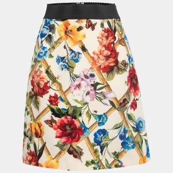 Pre Owned Dolce & Gabbana Cream Floral Print Crepe Knee Length Skirt M