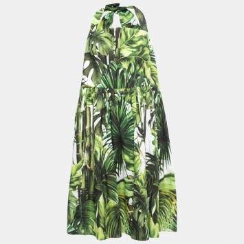 Pre Owned Dolce & Gabbana Green Leaves Print Cotton Halter Neck Short Dress XXL