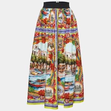 Pre Owned Dolce & Gabbana Multicolor Sicilian Postcard Printed Cotton Midi Skirt M