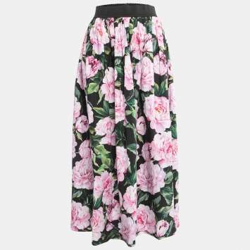 Pre Owned Dolce & Gabbana Black/Pink Floral Print Cotton Maxi Skirt L