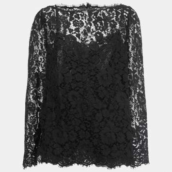 Pre Owned Dolce & Gabbana Black Floral Lace Long Sleeve Top XL