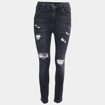 Pre Owned Dolce & Gabbana Charcoal Grey Distressed Denim Frayed Skinny Jeans S