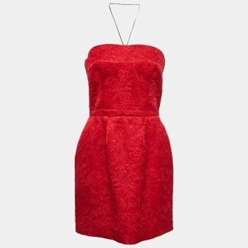 Pre Owned Dolce & Gabbana Red Jacquard Silk Blend Corset Detail Strapless Mini Dress M