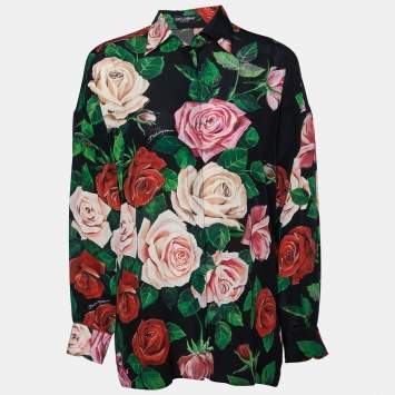 Pre Owned Dolce & Gabbana Black Rose Printed Silk Button Front Shirt S