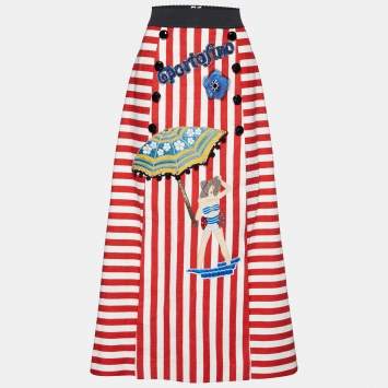 Pre Owned Dolce & Gabbana Red & White Striped Embellished Cotton Maxi Skirt S